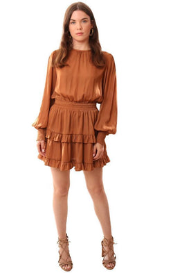 Do And Be Dresses Long Sleeve Smocked Waist Layered Ruffle Silky Brown Mini Dress