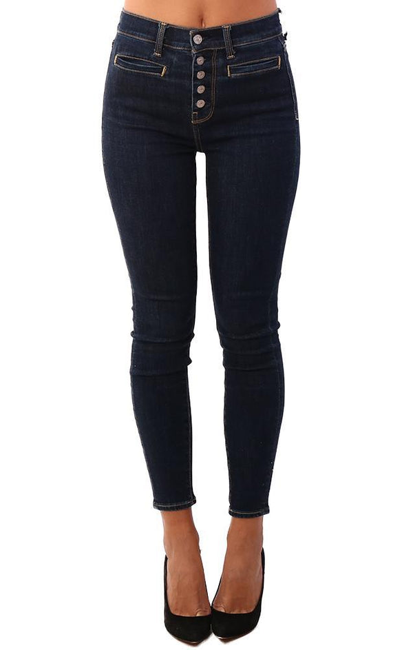 7 For All Mankind Denim High Waist Ankle Skinny Button Fly Dark Washed Blue Jeans