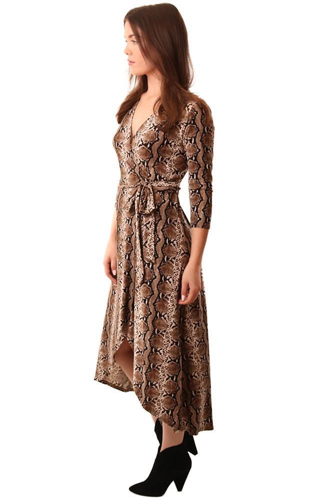 Veronica M Dresses V Neck Tie Waist Snake Print 3/4 Sleeve Flowy Maxi Dress