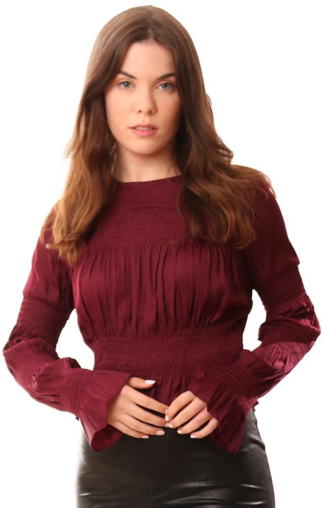 Do And Be Tops Smocked Crew Neck Smocked Sleeve Burgundy Blouse