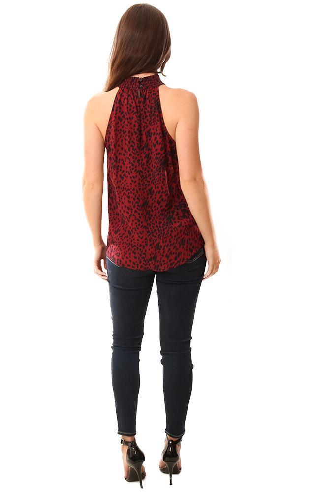 Red Haute Tops Animal Print Sleeveless Smocked Choker Neck Dressy Burgundy Black Tank Top