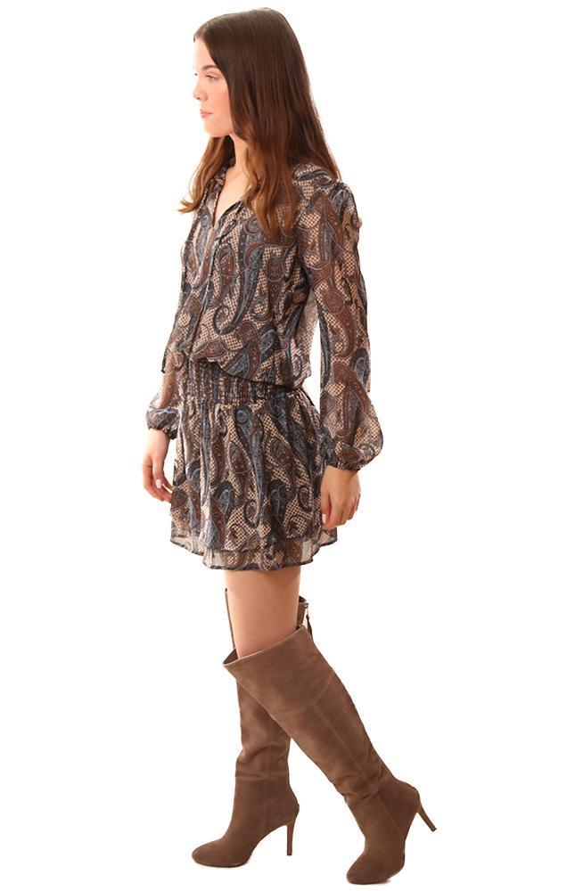 Veronica M Dresses Paisley Printed Tie Neck Smocked Waist Mini Dress