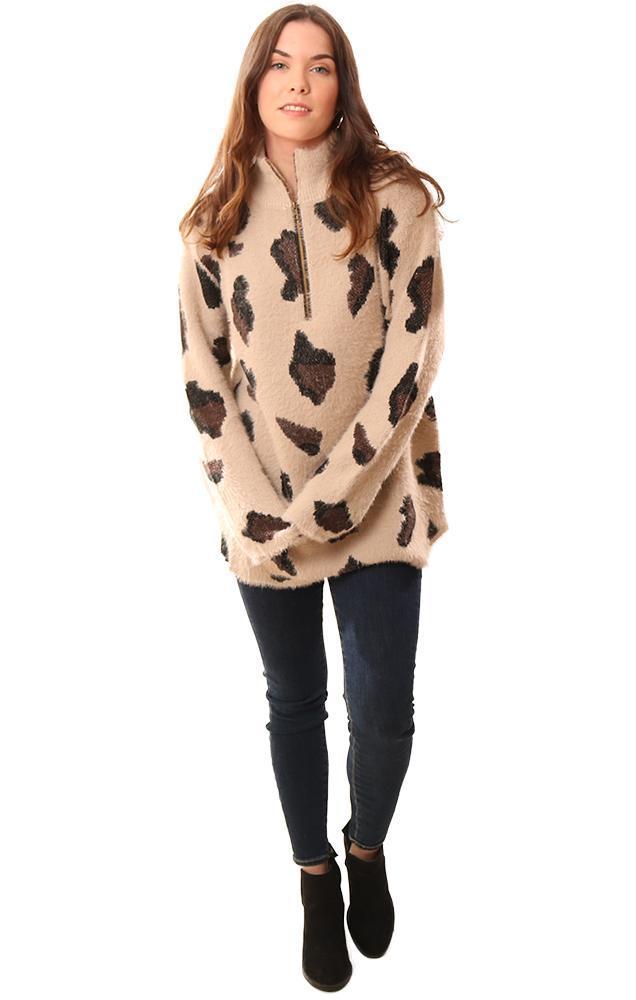 Sweaters Tunic Half Zip Animal Print Beige Pullover Knit