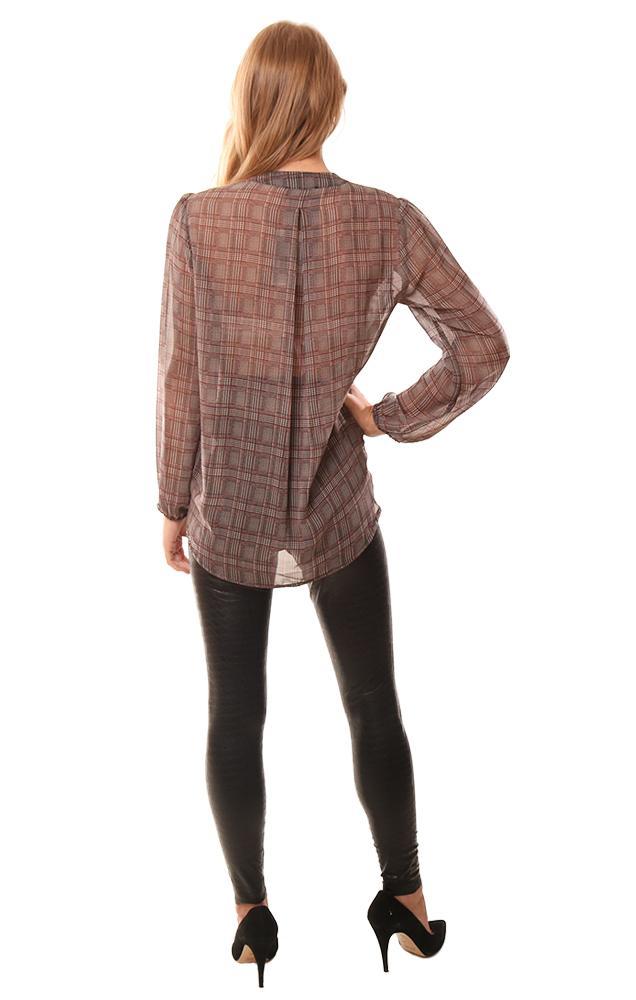 Veronica M Tops Long Sleeve Grey Black Plaid Cross Front Tie Neck Blouse