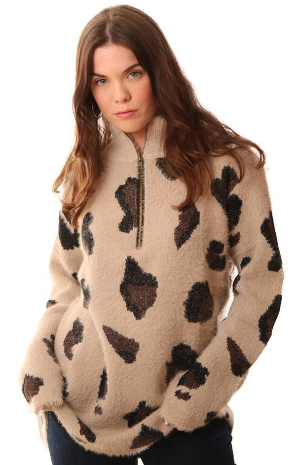 Sweaters Half Zip Animal Print Tunic Beige Pullover Knit