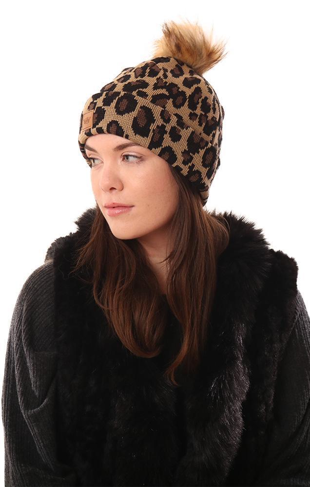 Cozy Knit Faux Fur Pom Pom Black And Tan Warm Winter Animal Print Beanie