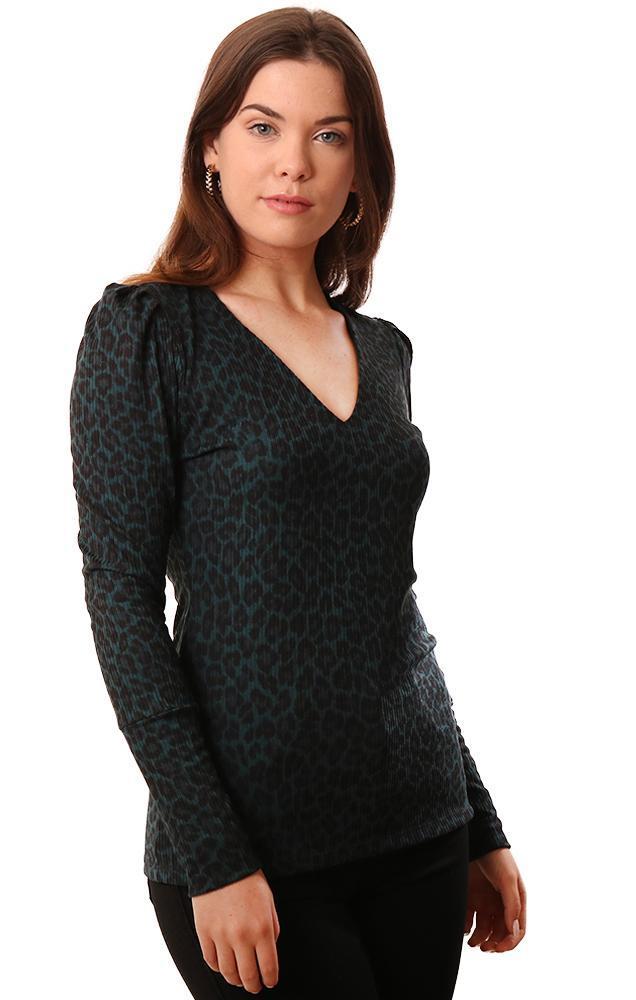 Veronica M Tops V Neck Pouf Sleeve Animal Print Soft Black Teal Pullover Top