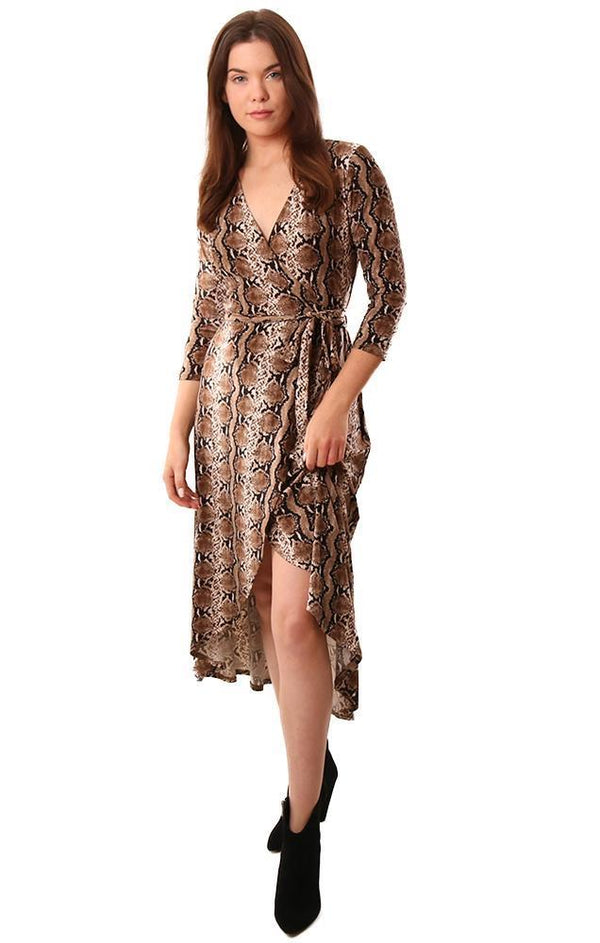 Veronica M Dresses 3/4 Sleeve V Neck Tie Waist Snake Print Flowy Maxi Dress