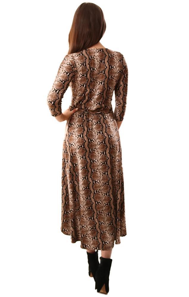 Veronica M Dresses 3/4 Sleeve Flowy V Neck Tie Waist Snake Print Maxi Dress
