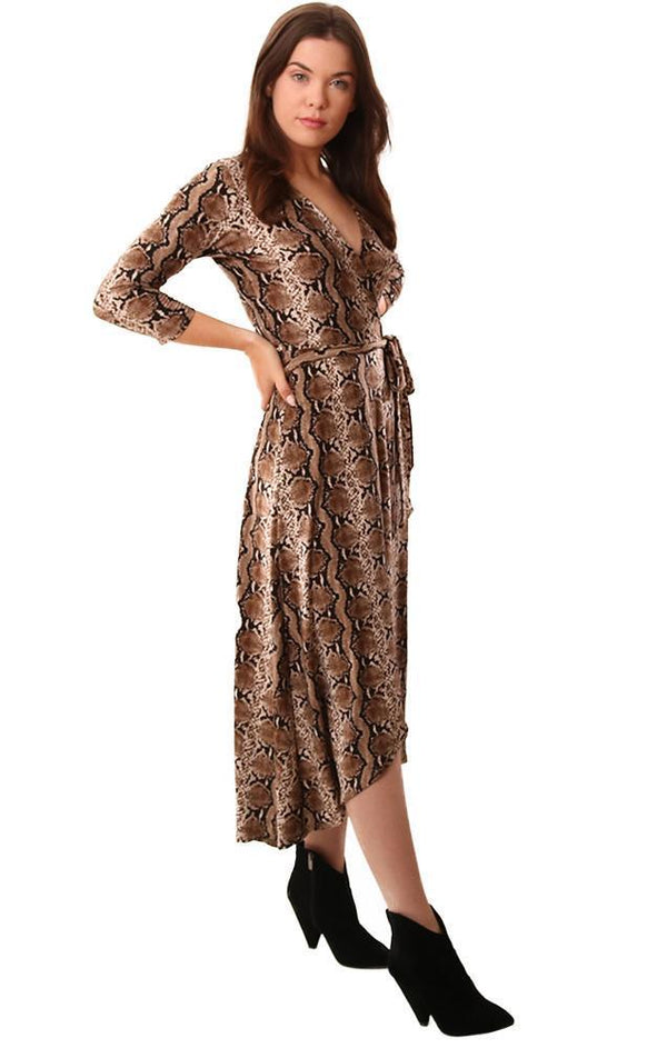Veronica M Dresses 3/4 Sleeve V Neck Tie Waist Flowy Snake Print Maxi Dress
