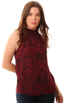 Red Haute Tops Animal Print Smocked Choker Neck Sleeveless Dressy Burgundy Black Tank Top