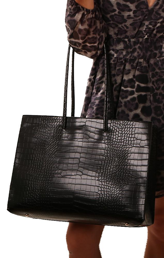 Handbags Faux Crocodile Leather Large Black Tote Bag