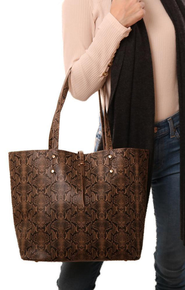 Handbags Vegan Leather Snakeskin Black Tan Large Tote