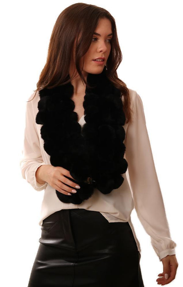 vScarves Genuine Fur Pom Pom BLack Cozy Scarf