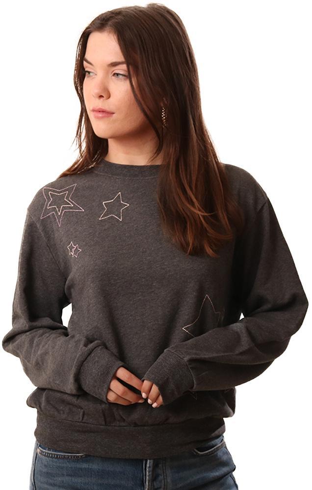 Grey State Sweatshirts Crew Neck Long Sleeve Star Embroidered Grey Pullover