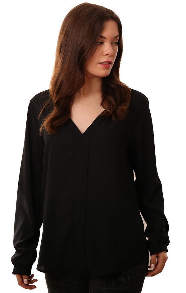 Veronica M Tops V Neck Long Sleeve Black Blouse