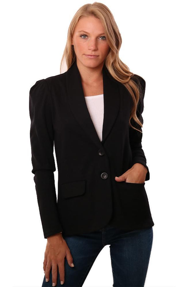 Veronica M Blazers Button Front Puff Sleeve Classic Black Blazer