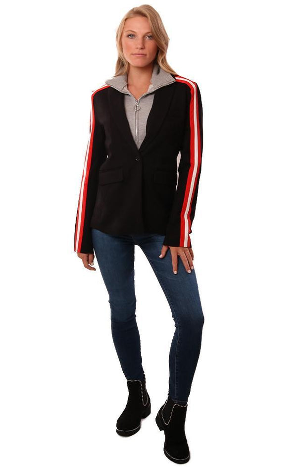 Central Park West Jackets Button Front Striped Sleeve Black Blazer Athletic Jacket