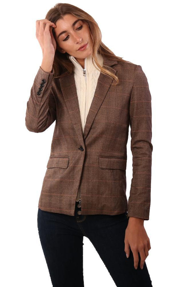 Central Park West Jackets Button Front Brown Plaid Blazer With Knit Insert