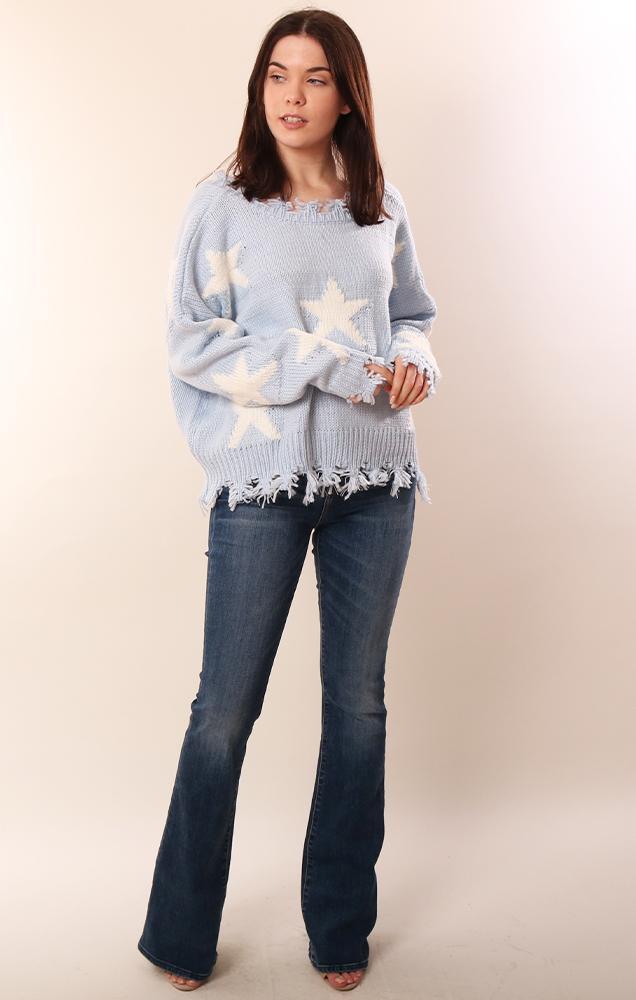 Storia Long Sleeve Distressed Star Printed Blue Spring Knit Top