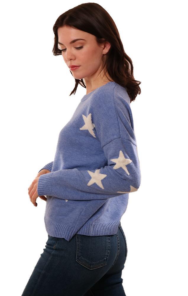 Six Fifty Tops Crew Neck Long Sleeve Star Printed Blue Pullover Knit Sweater