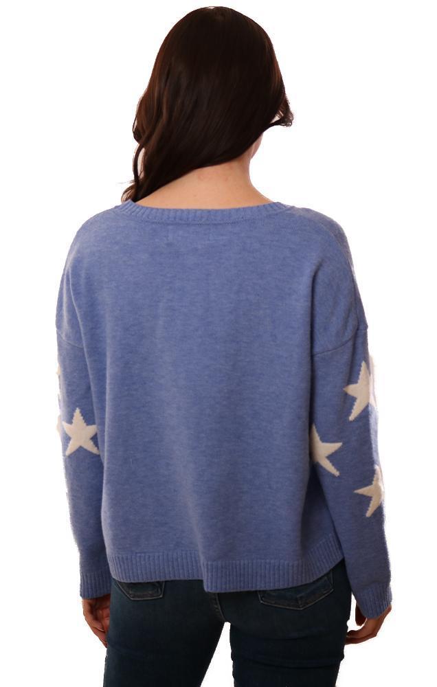 Six Fifty Tops Crew Neck Long Sleeve Star Printed Blue Pullover Knit