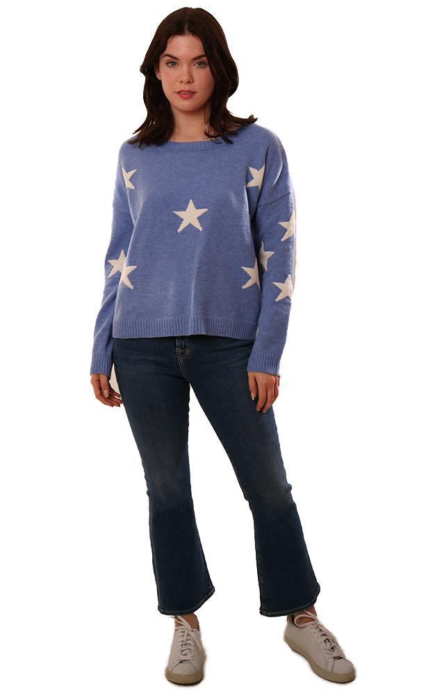 Six Fifty Tops Crew Neck Long Sleeve Star Printed Blue Pullover Cozy Sweater