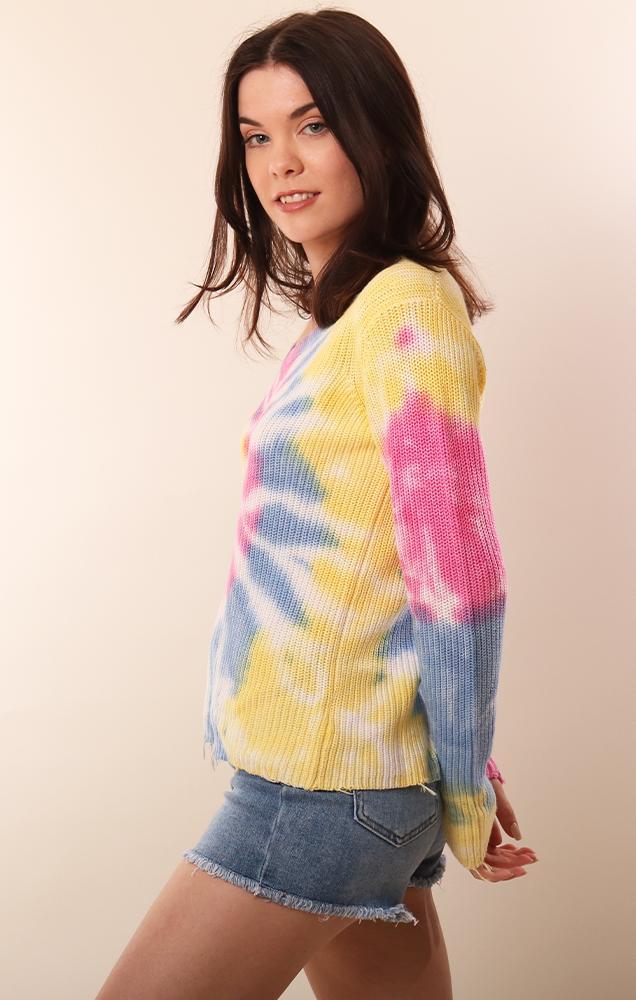 Raffi Long Sleeve V Neck Tie Dye Knit Pullover Sweater