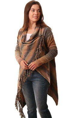 Sweaters Striped Fringe Brown Wrap Cardi