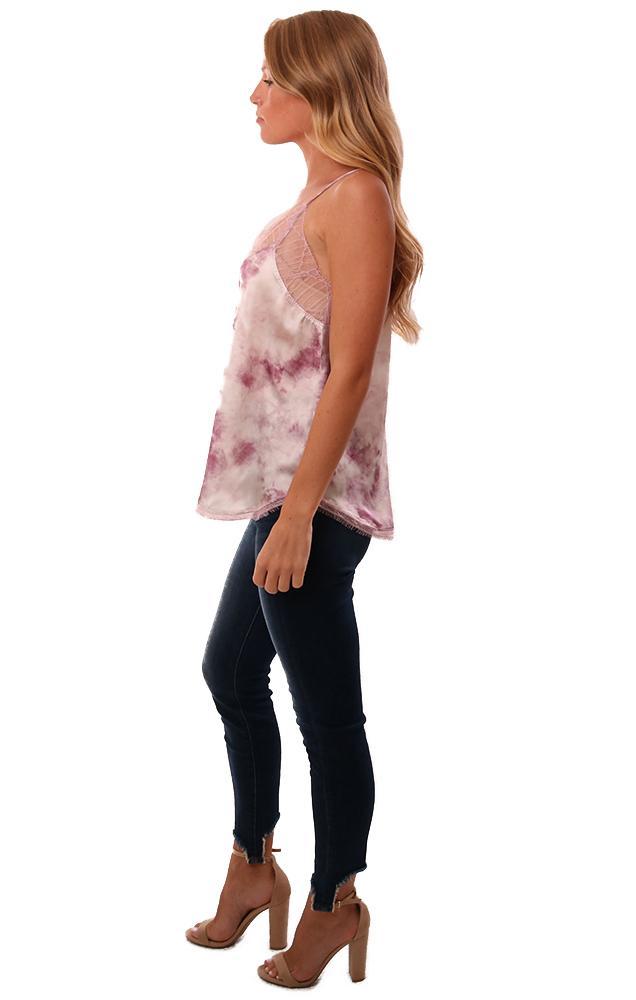 Storia Tops Lace Trim Tie Dye Silky Pink Purple Cami Top 