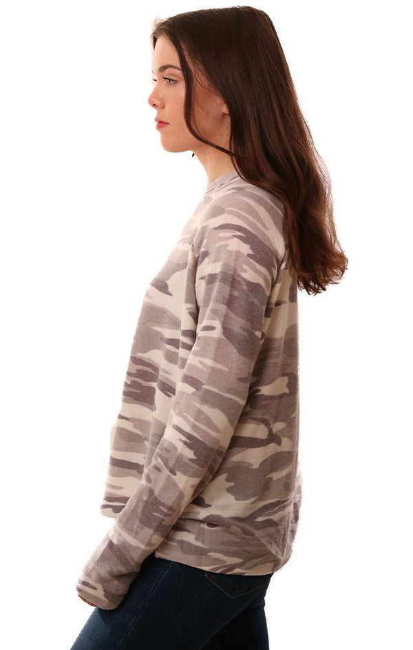 Six Fifty Tops Crew Neck Long Sleeve Hi Lo White Camo Print Pullover Top