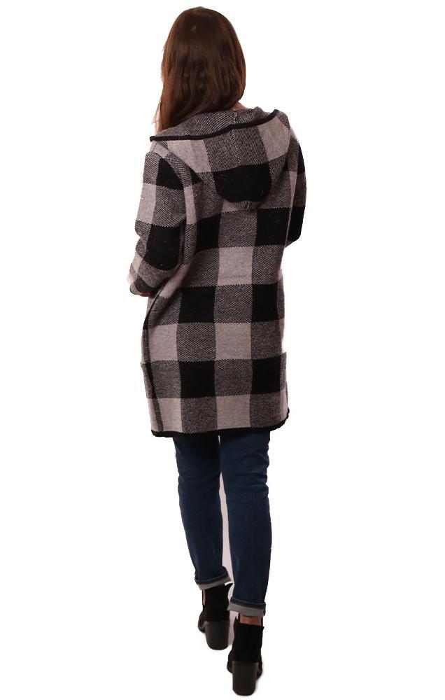 Metric Jackets Open Front Plaid Print Hooded Cardigan Jacket