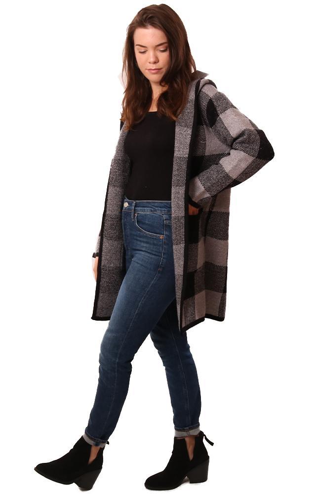 Metric Jackets Open Front Plaid Print Hooded Cardi Jacket