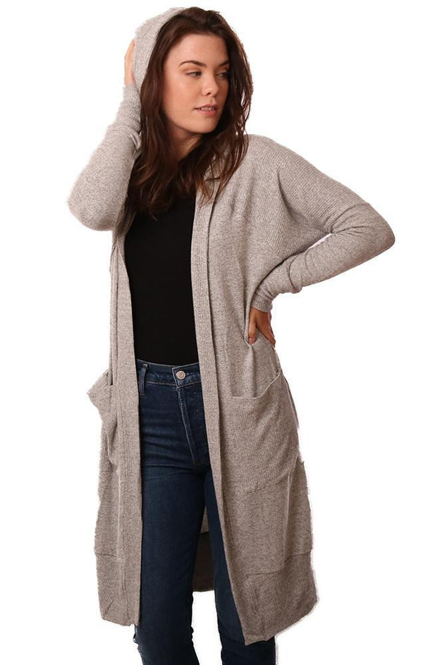 LA Made Cardigans Long Sleeve Hooded Open Front Soft Grey Cardi