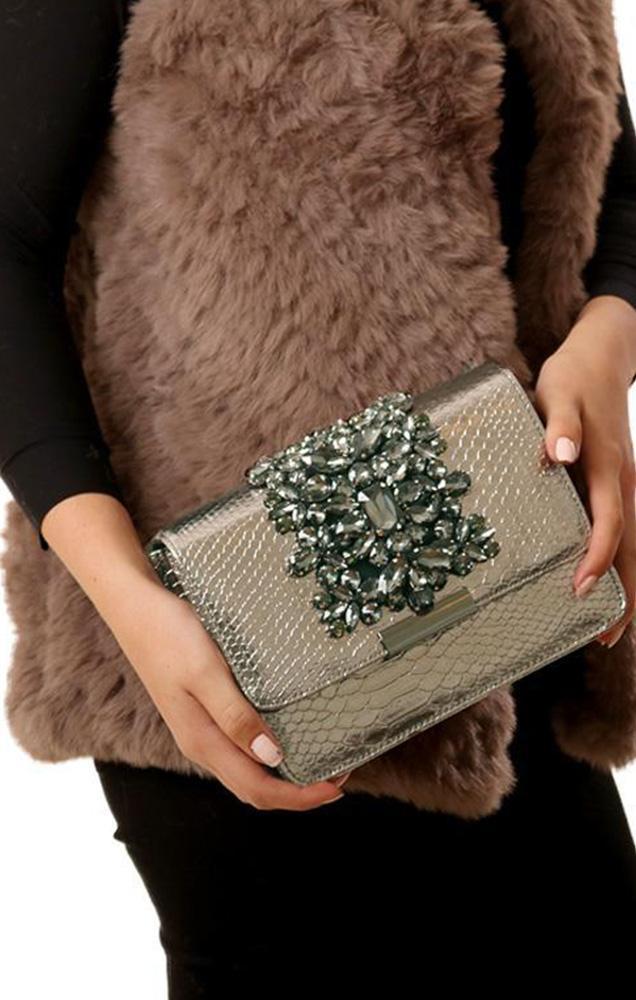 Handbags Faux Leather Snakeskin Rhinestone Snakeskin Pewter Clutch