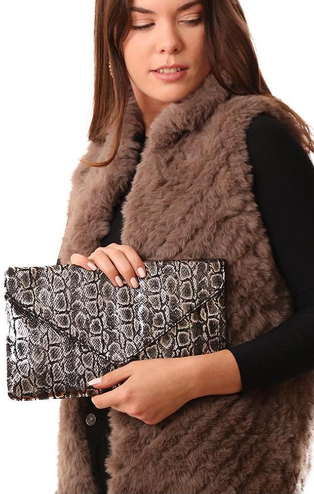 Handbags Faux Leather Snakeskin Glimmer Printed Silver Clutch