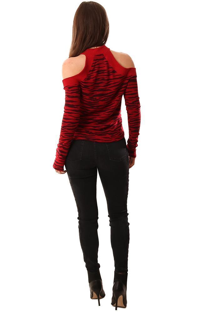 Red Haute Tops Zebra Print Long Sleeve Cold Shoulder Red Black Sweater