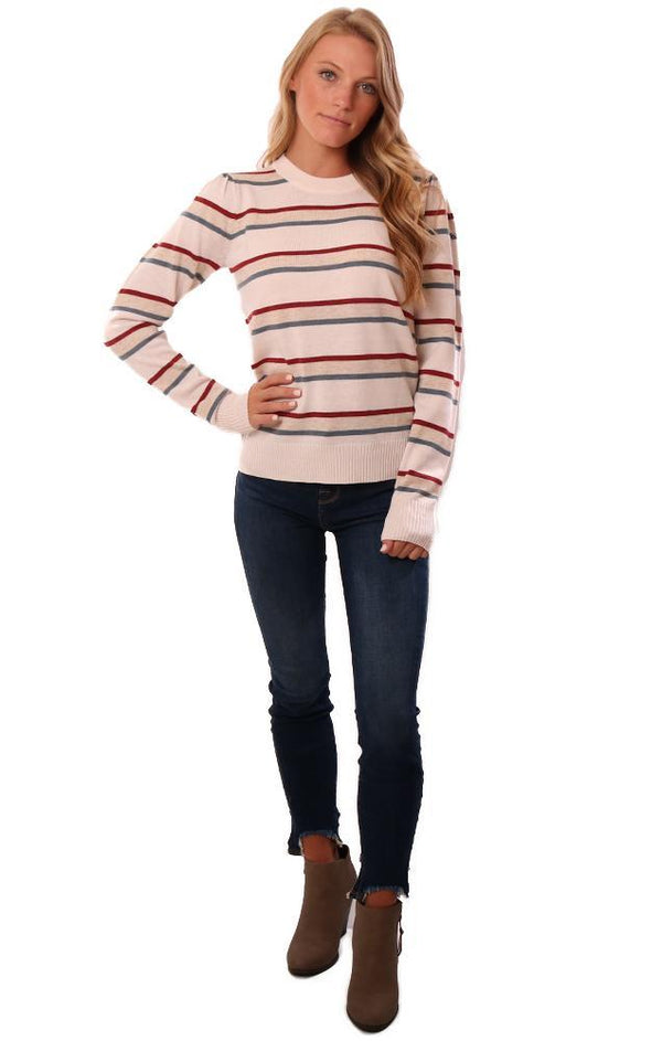 Heartloom Sweaters Long Gathered Sleeve Crew Neck Striped Ivory Pullover Knit