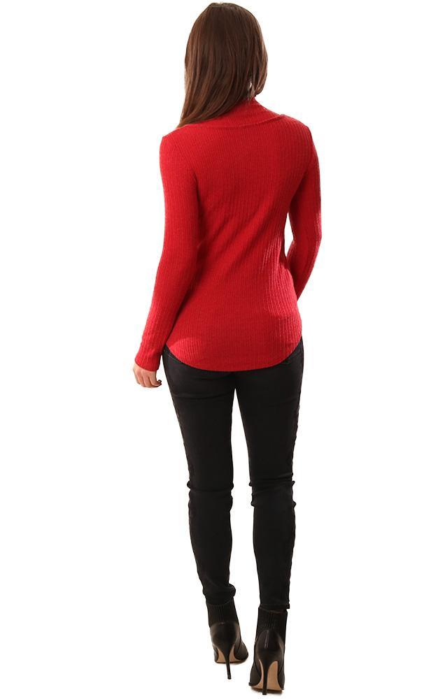 Red Haute Tops Mock Neck Cutout Front Bold Red Ribbed Long Sleeve Top