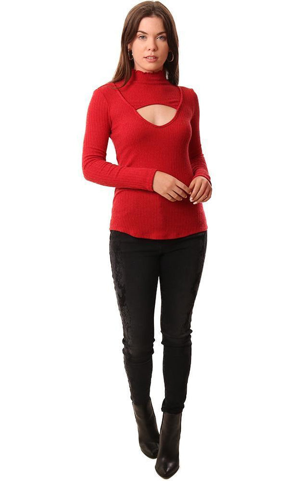 Red Haute Tops Bold Red Long Sleeve Mock Neck Cutout Front Ribbed Top