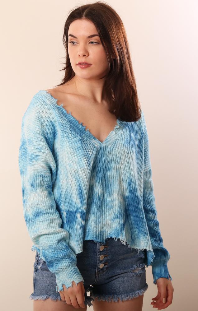 Long Sleeve Distressed Blue Tie Dye Sweater Pullover for summer