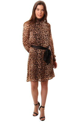 Dresses High Neck Dressy Animal Print Black Brown Mini Dress