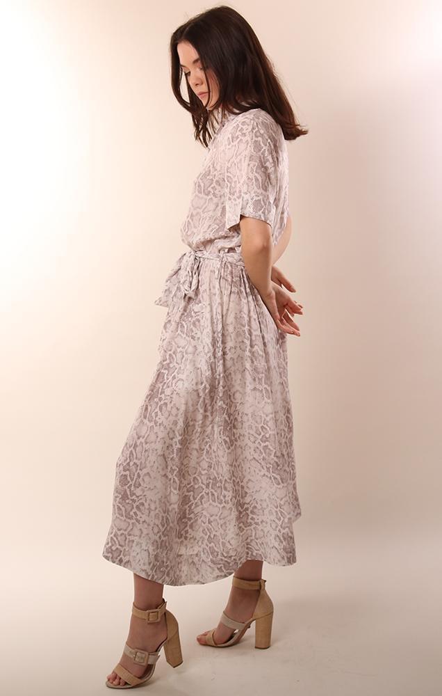 Snakeskin Print Button Front Short Sleeve Belted Summer Maxi Dress