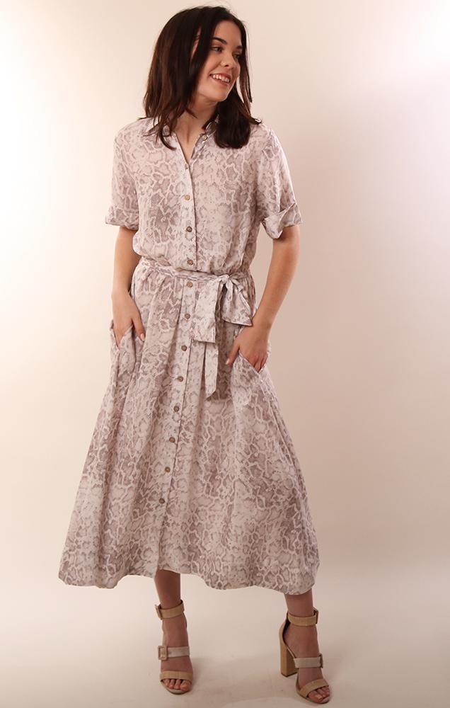 Snakeskin Print Button Front Short Sleeve Belted Maxi dress