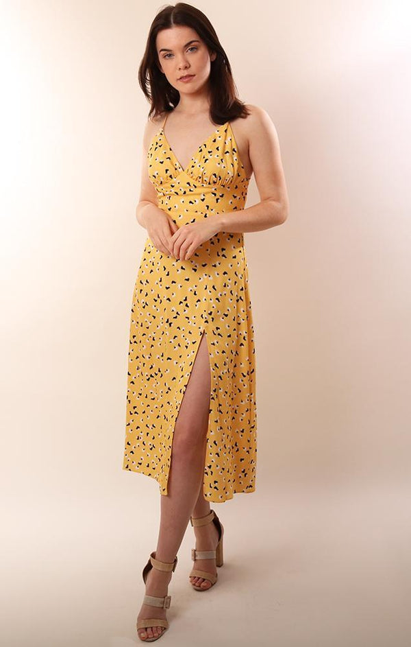 Amanda Uprichard Dresses Midi Length Floral Print Yellow Flowy Dress