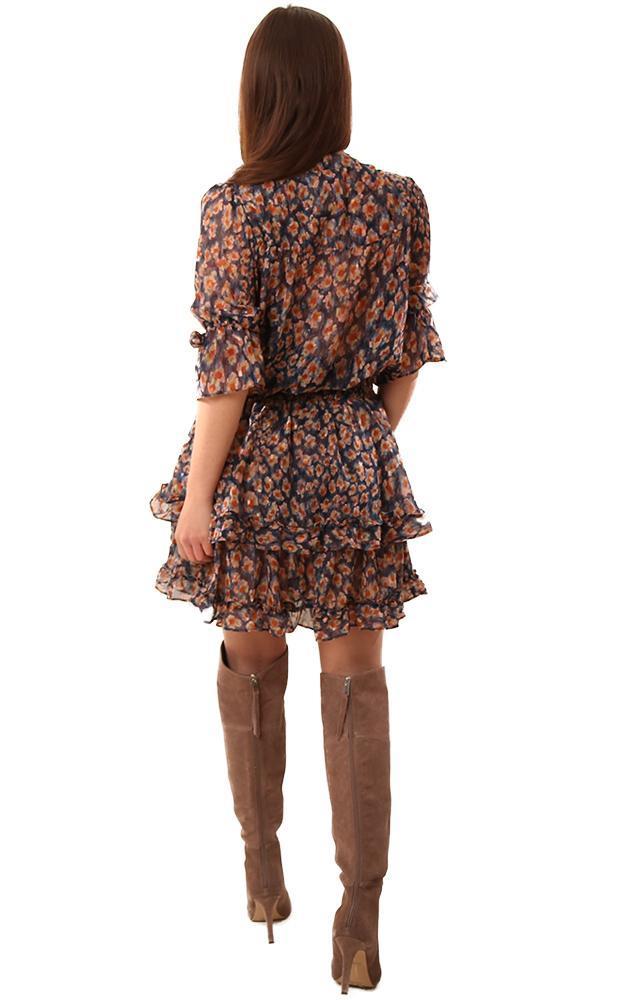 Dresses Floral Printed Ruffled Smocked Waist Navy Tan Mini Dress