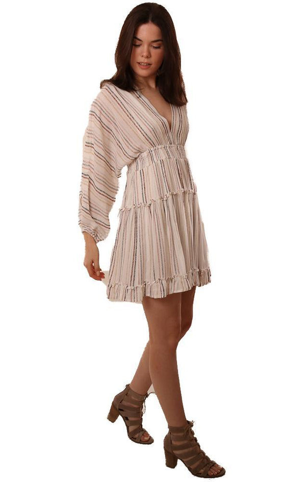 Dresses V Neck Tassel Tie Back Smocked Waist Multi Striped Spring dress