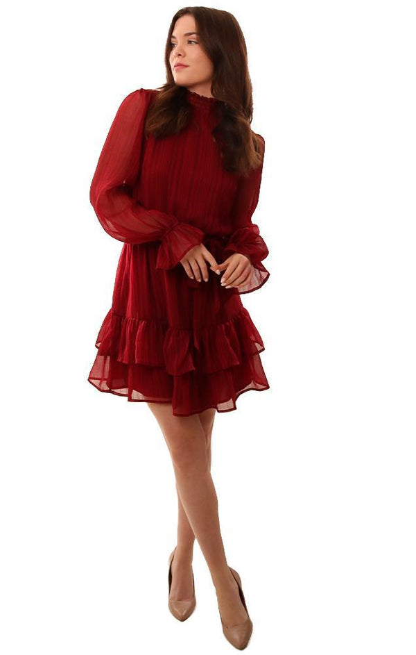 Dresses Long Sleeve Tie Waist Layered Ruffle Burgundy Holiday Dress