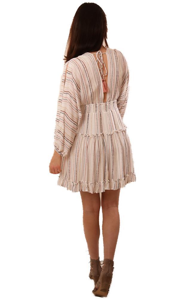 Dresses V Neck Tassel Tie Back Smocked Waist Multi Mini Striped Dress