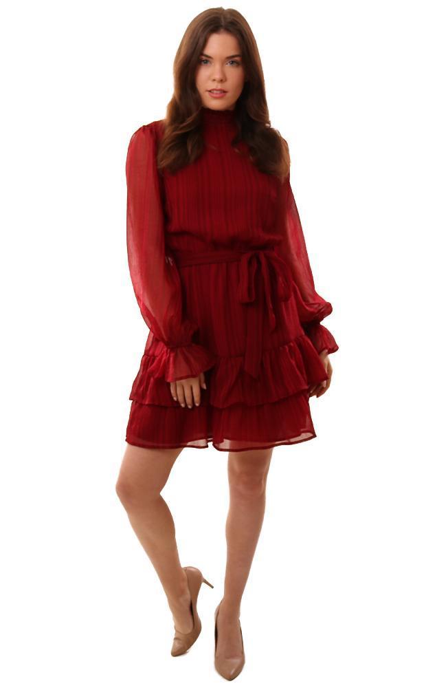 Dresses Long Sleeve Tie Waist Layered Ruffle Burgundy Holiday Red Mini